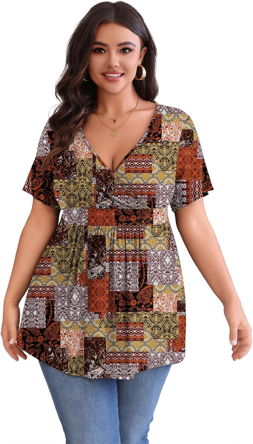 imagePOSESHE Womens Plus Size Tops 2025 Summer Short Sleeves Tunic Tops Casual VNeck Wrap Shirts Cute Dressy Work Blouses L4XLMix Color