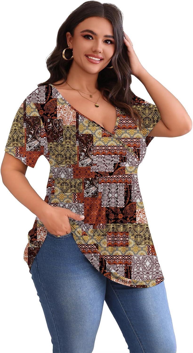 imagePOSESHE Womens Plus Size Tops 2025 Summer Short Sleeves Tunic Tops Casual VNeck Wrap Shirts Cute Dressy Work Blouses L4XLMix Color