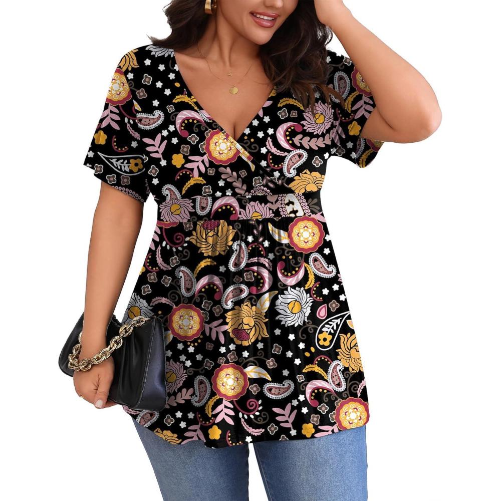 imagePOSESHE Womens Plus Size Tops 2025 Summer Short Sleeves Tunic Tops Casual VNeck Wrap Shirts Cute Dressy Work Blouses L4XLBlack Colorful Floral
