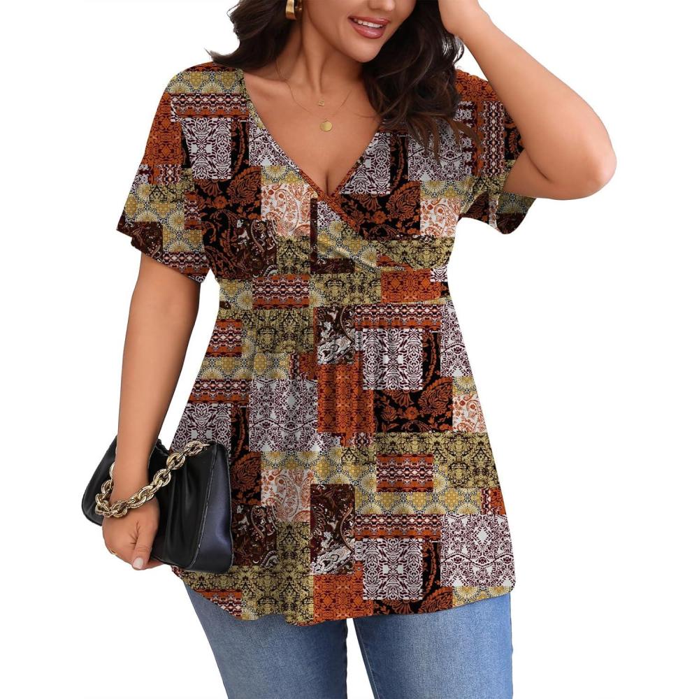 imagePOSESHE Womens Plus Size Tops 2025 Summer Short Sleeves Tunic Tops Casual VNeck Wrap Shirts Cute Dressy Work Blouses L4XLMix Color