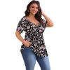 imagePOSESHE Womens Plus Size Tops 2025 Summer Short Sleeves Tunic Tops Casual VNeck Wrap Shirts Cute Dressy Work Blouses L4XLBlack Pink Floral