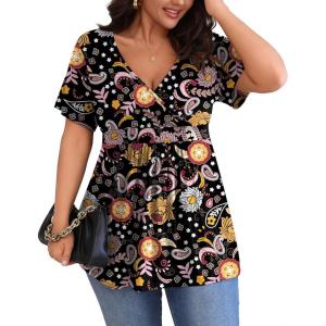 imagePOSESHE Womens Plus Size Tops 2025 Summer Short Sleeves Tunic Tops Casual VNeck Wrap Shirts Cute Dressy Work Blouses L4XLBlack Colorful Floral