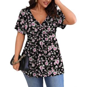 imagePOSESHE Womens Plus Size Tops 2025 Summer Short Sleeves Tunic Tops Casual VNeck Wrap Shirts Cute Dressy Work Blouses L4XLBlack Pink Floral
