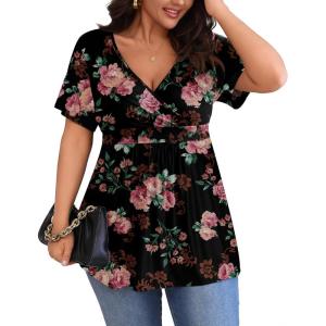 imagePOSESHE Womens Plus Size Tops 2025 Summer Short Sleeves Tunic Tops Casual VNeck Wrap Shirts Cute Dressy Work Blouses L4XLBlack Rose