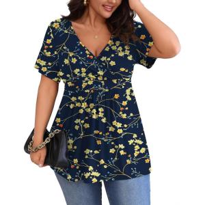 imagePOSESHE Womens Plus Size Tops 2025 Summer Short Sleeves Tunic Tops Casual VNeck Wrap Shirts Cute Dressy Work Blouses L4XLBlue Apricot