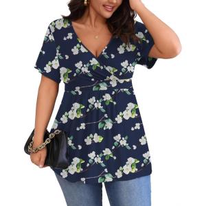 imagePOSESHE Womens Plus Size Tops 2025 Summer Short Sleeves Tunic Tops Casual VNeck Wrap Shirts Cute Dressy Work Blouses L4XLBlue Begonia