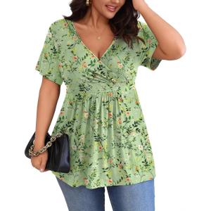 imagePOSESHE Womens Plus Size Tops 2025 Summer Short Sleeves Tunic Tops Casual VNeck Wrap Shirts Cute Dressy Work Blouses L4XLGreen White Floral