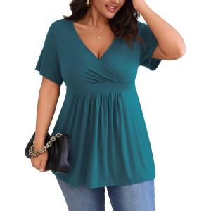 imagePOSESHE Womens Plus Size Tops 2025 Summer Short Sleeves Tunic Tops Casual VNeck Wrap Shirts Cute Dressy Work Blouses L4XLGrey Blue