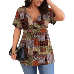 imagePOSESHE Womens Plus Size Tops 2025 Summer Short Sleeves Tunic Tops Casual VNeck Wrap Shirts Cute Dressy Work Blouses L4XLMix Color