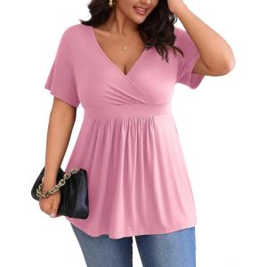 imagePOSESHE Womens Plus Size Tops 2025 Summer Short Sleeves Tunic Tops Casual VNeck Wrap Shirts Cute Dressy Work Blouses L4XLPink Red