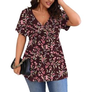 imagePOSESHE Womens Plus Size Tops 2025 Summer Short Sleeves Tunic Tops Casual VNeck Wrap Shirts Cute Dressy Work Blouses L4XLPlum Blossom Red