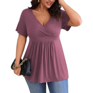 imagePOSESHE Womens Plus Size Tops 2025 Summer Short Sleeves Tunic Tops Casual VNeck Wrap Shirts Cute Dressy Work Blouses L4XLPurple Red