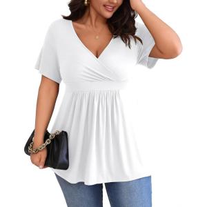imagePOSESHE Womens Plus Size Tops 2025 Summer Short Sleeves Tunic Tops Casual VNeck Wrap Shirts Cute Dressy Work Blouses L4XLWhite