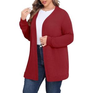 imagePOSESHE Womens Plus Size Cardigan Sweater 2025 Fall Long Sleeve Lightweight Knit Open Front Casual Loose CardiganRed