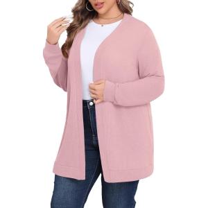 imagePOSESHE Womens Plus Size Cardigan Sweater 2025 Fall Long Sleeve Lightweight Knit Open Front Casual Loose CardiganWarm Pink