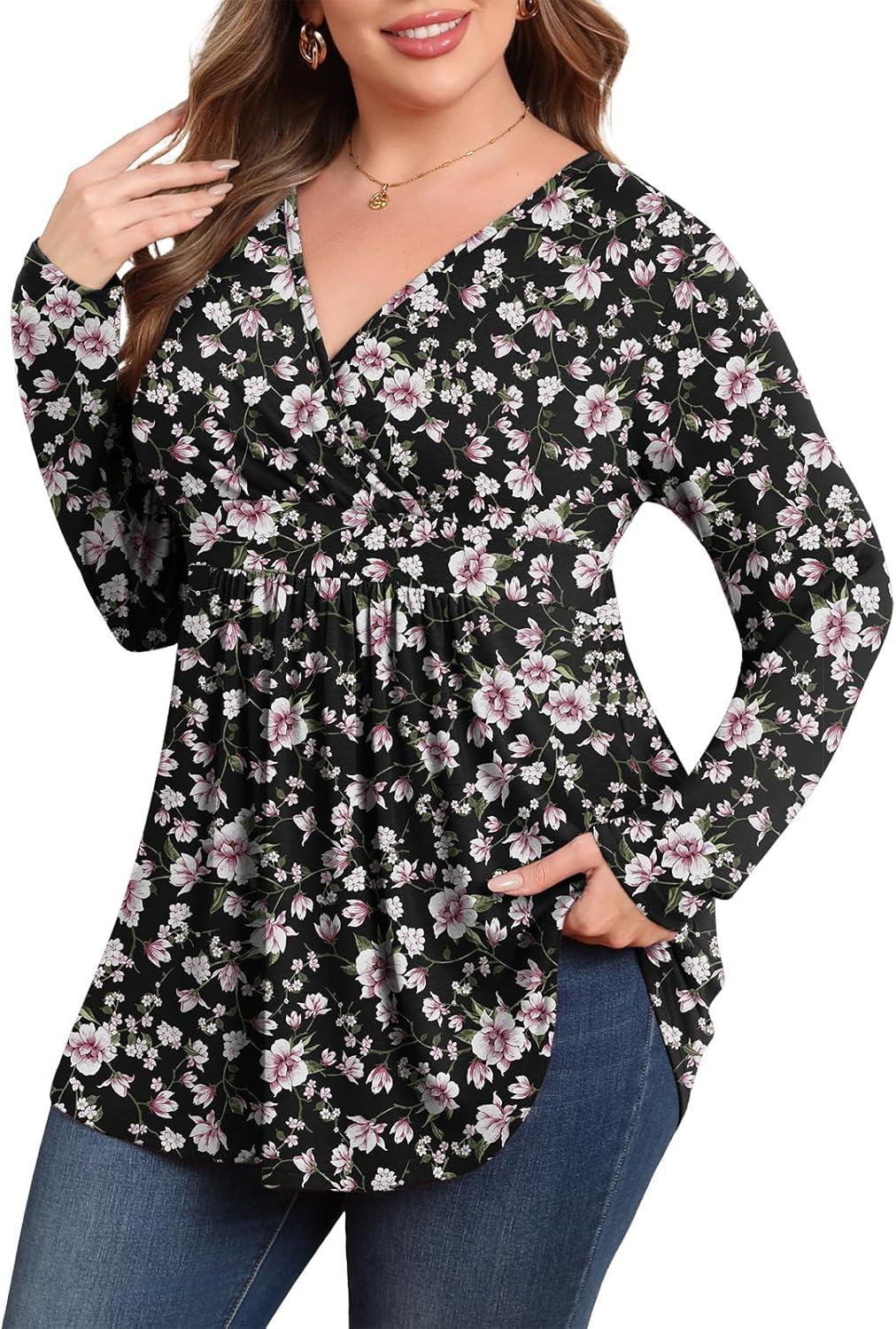imagePOSESHE Womens Plus Size Long Sleeves Tops 2025 Fall Winter Tunic Tops Casual VNeck Wrap Shirts Dressy Work Blouses L4XLBlack Pink Floral