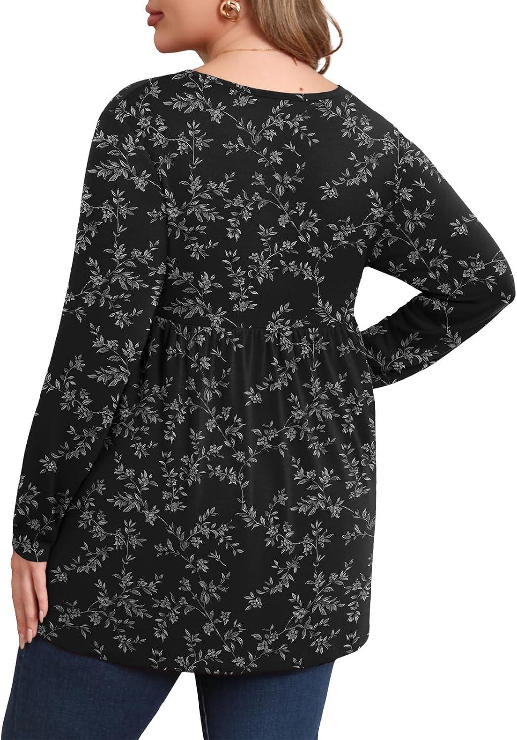 imagePOSESHE Womens Plus Size Long Sleeves Tops 2025 Fall Winter Tunic Tops Casual VNeck Wrap Shirts Dressy Work Blouses L4XLBlack White Floral