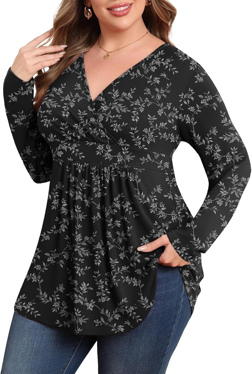 imagePOSESHE Womens Plus Size Long Sleeves Tops 2025 Fall Winter Tunic Tops Casual VNeck Wrap Shirts Dressy Work Blouses L4XLBlack White Floral