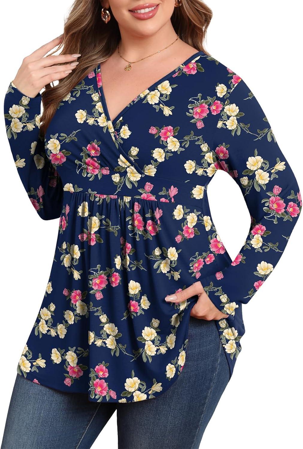 imagePOSESHE Womens Plus Size Long Sleeves Tops 2025 Fall Winter Tunic Tops Casual VNeck Wrap Shirts Dressy Work Blouses L4XLBlue Camellia