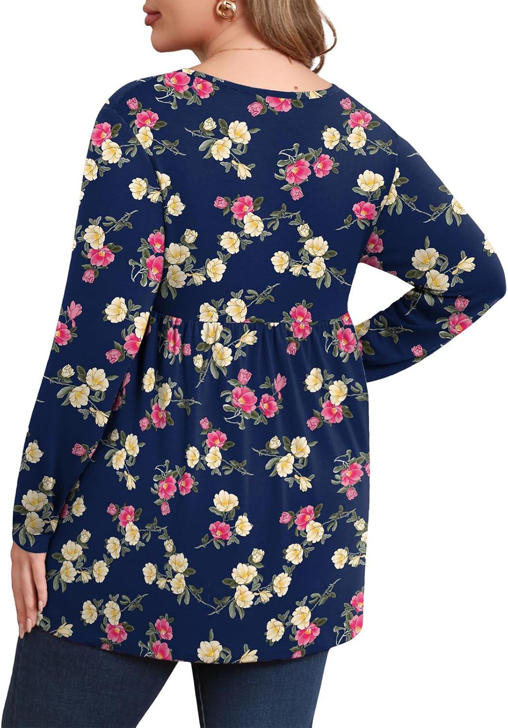 imagePOSESHE Womens Plus Size Long Sleeves Tops 2025 Fall Winter Tunic Tops Casual VNeck Wrap Shirts Dressy Work Blouses L4XLBlue Camellia