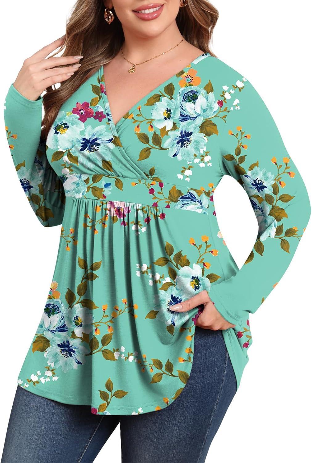 imagePOSESHE Womens Plus Size Long Sleeves Tops 2025 Fall Winter Tunic Tops Casual VNeck Wrap Shirts Dressy Work Blouses L4XLGreen Floral