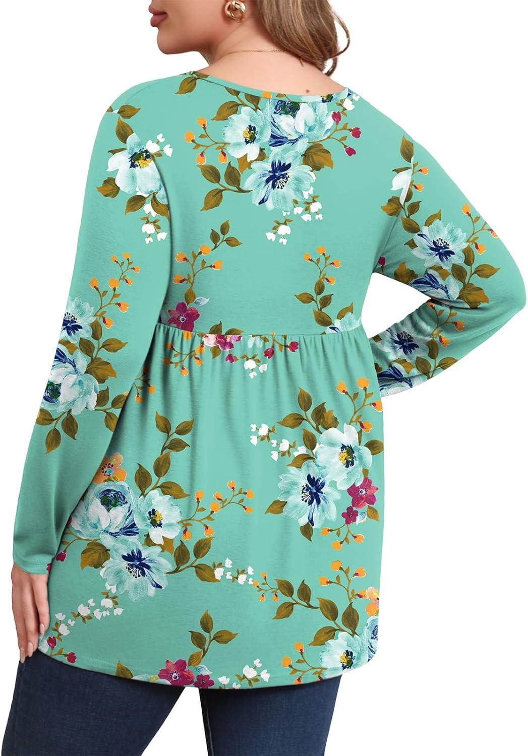 imagePOSESHE Womens Plus Size Long Sleeves Tops 2025 Fall Winter Tunic Tops Casual VNeck Wrap Shirts Dressy Work Blouses L4XLGreen Floral