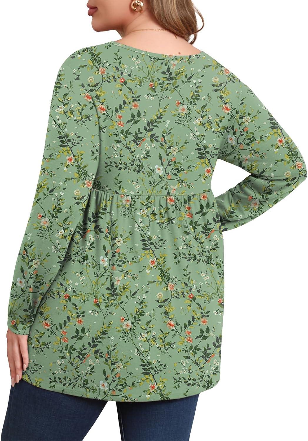 imagePOSESHE Womens Plus Size Long Sleeves Tops 2025 Fall Winter Tunic Tops Casual VNeck Wrap Shirts Dressy Work Blouses L4XLGreen White Floral