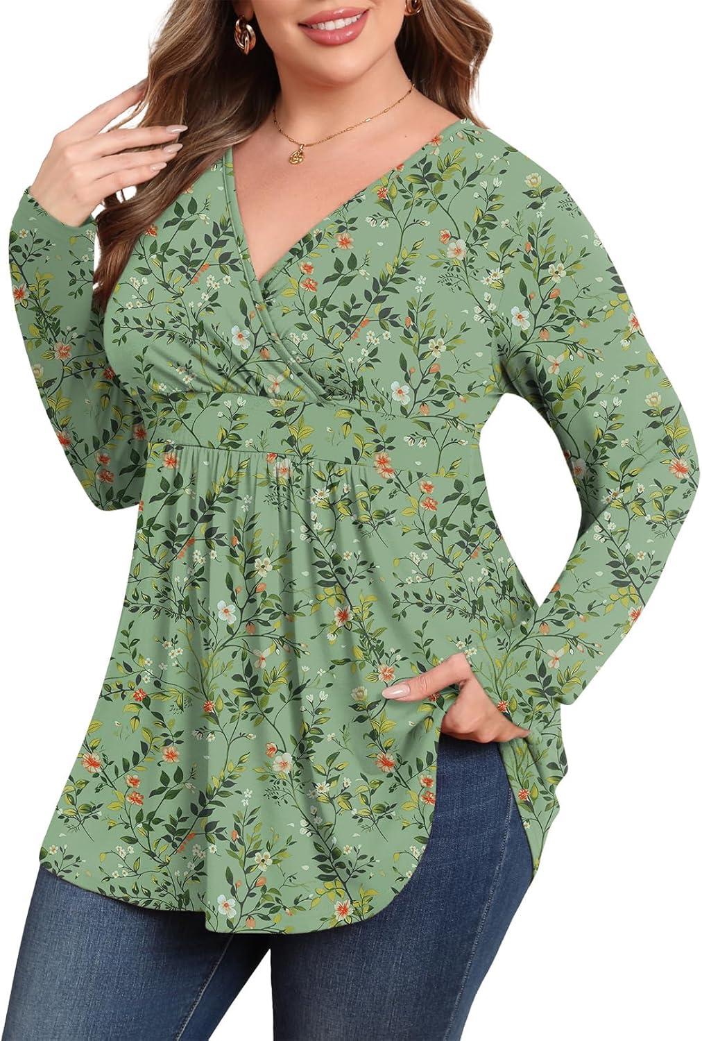 imagePOSESHE Womens Plus Size Long Sleeves Tops 2025 Fall Winter Tunic Tops Casual VNeck Wrap Shirts Dressy Work Blouses L4XLGreen White Floral
