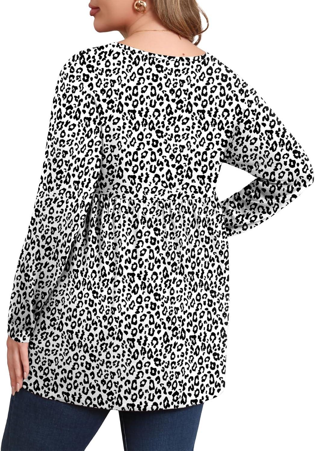 imagePOSESHE Womens Plus Size Long Sleeves Tops 2025 Fall Winter Tunic Tops Casual VNeck Wrap Shirts Dressy Work Blouses L4XLLeopard White