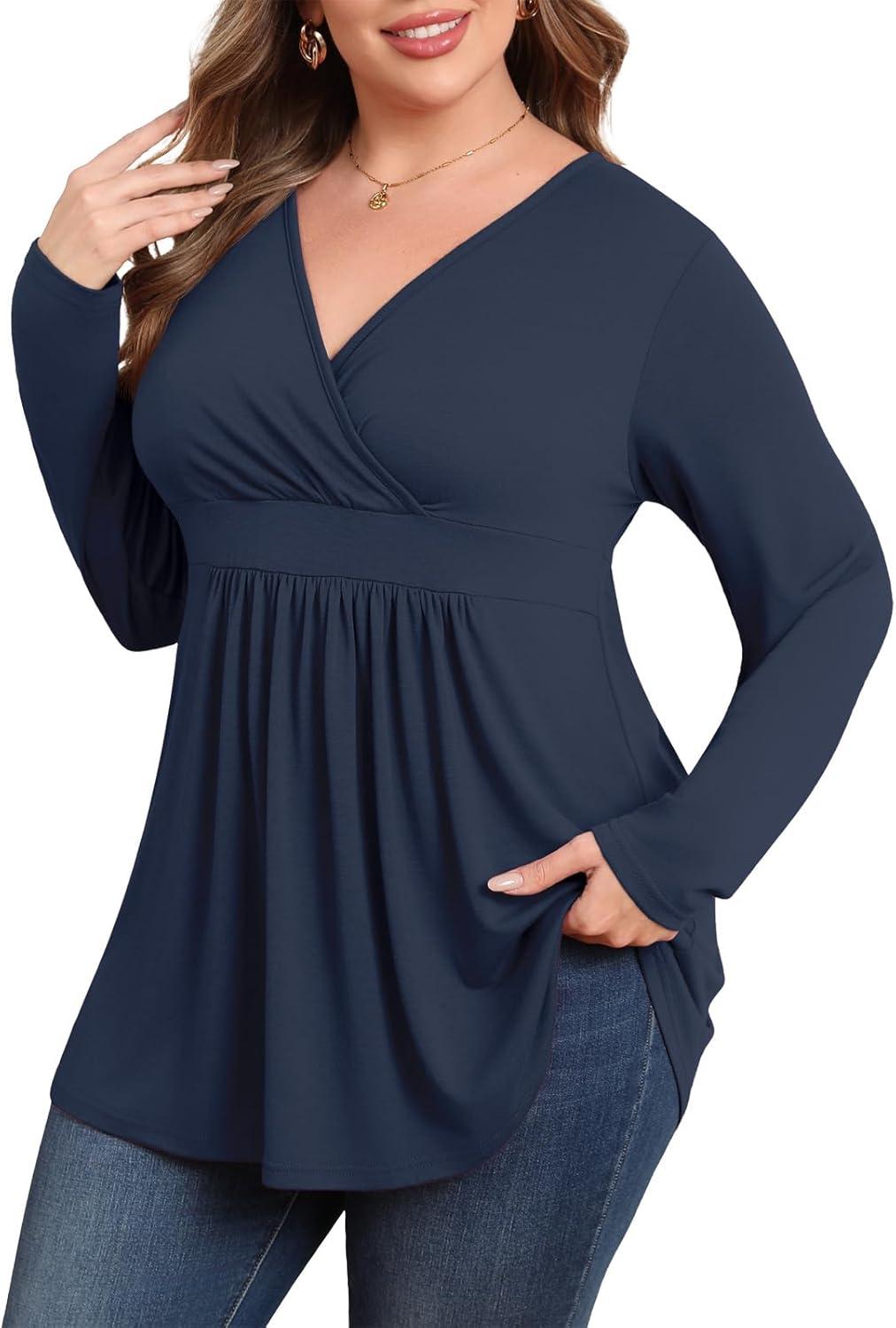 imagePOSESHE Womens Plus Size Long Sleeves Tops 2025 Fall Winter Tunic Tops Casual VNeck Wrap Shirts Dressy Work Blouses L4XLNavy Blue