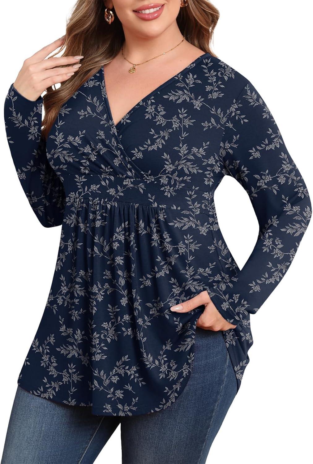 imagePOSESHE Womens Plus Size Long Sleeves Tops 2025 Fall Winter Tunic Tops Casual VNeck Wrap Shirts Dressy Work Blouses L4XLNavy Floral