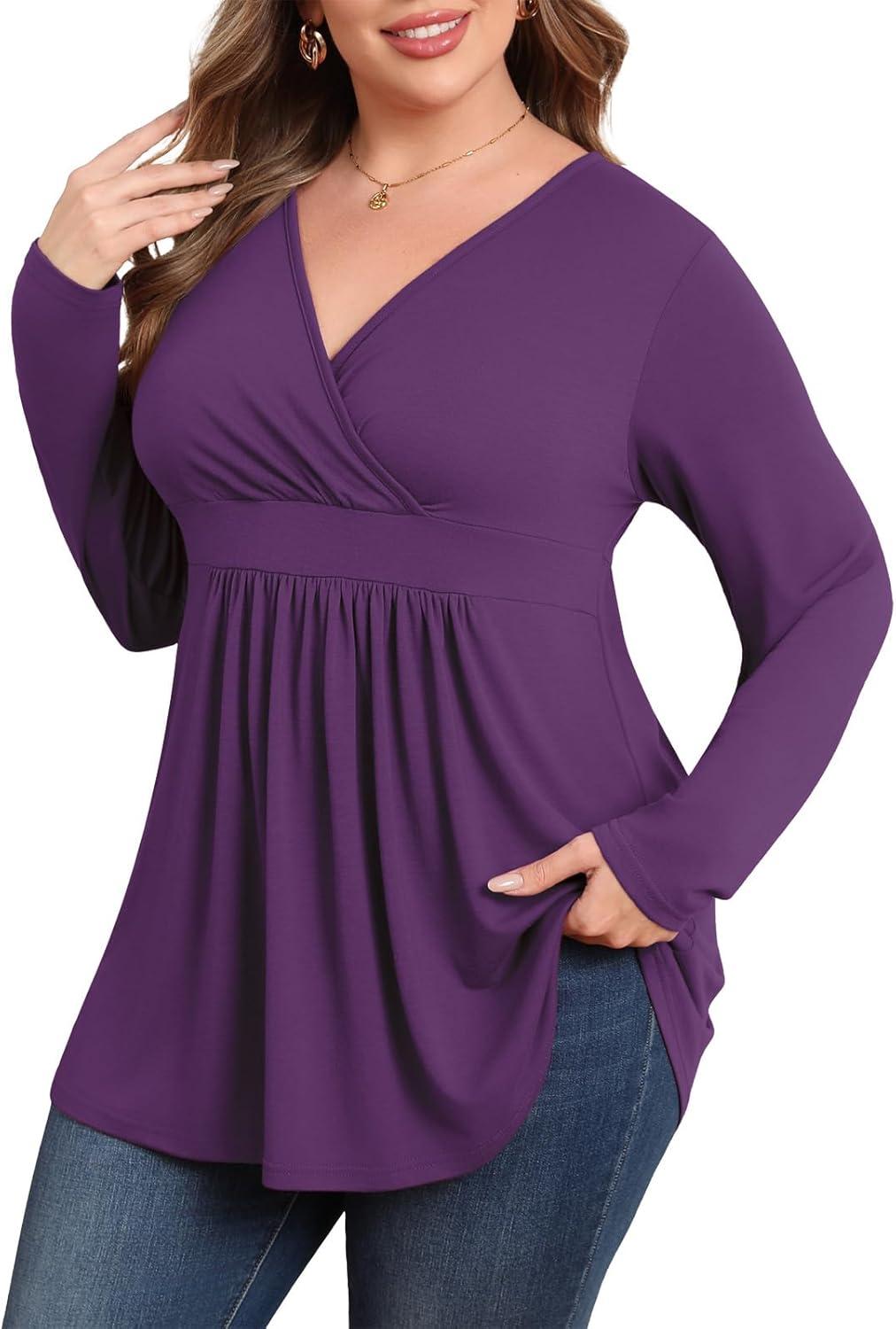 imagePOSESHE Womens Plus Size Long Sleeves Tops 2025 Fall Winter Tunic Tops Casual VNeck Wrap Shirts Dressy Work Blouses L4XLPurple