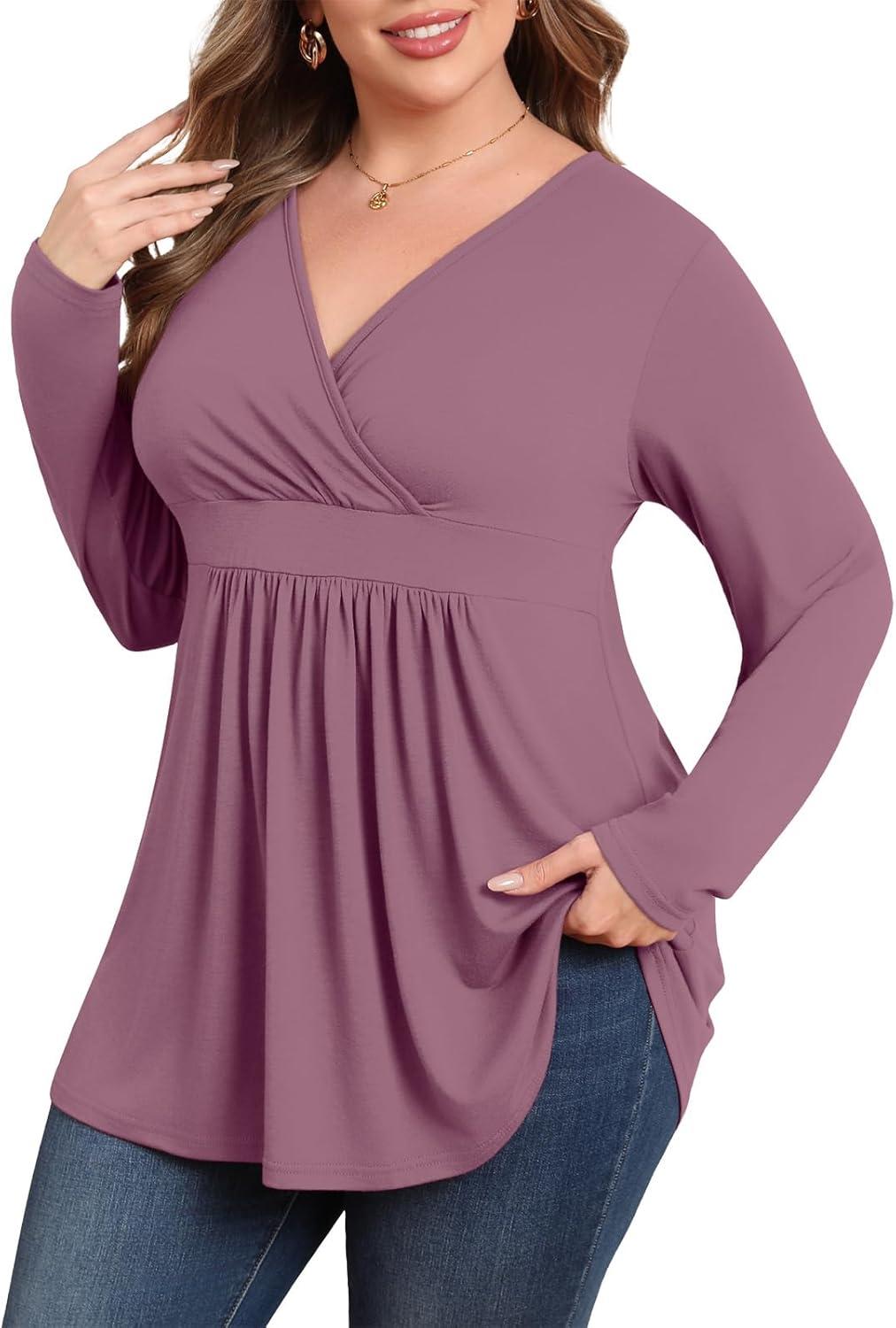 imagePOSESHE Womens Plus Size Long Sleeves Tops 2025 Fall Winter Tunic Tops Casual VNeck Wrap Shirts Dressy Work Blouses L4XLPurple Red