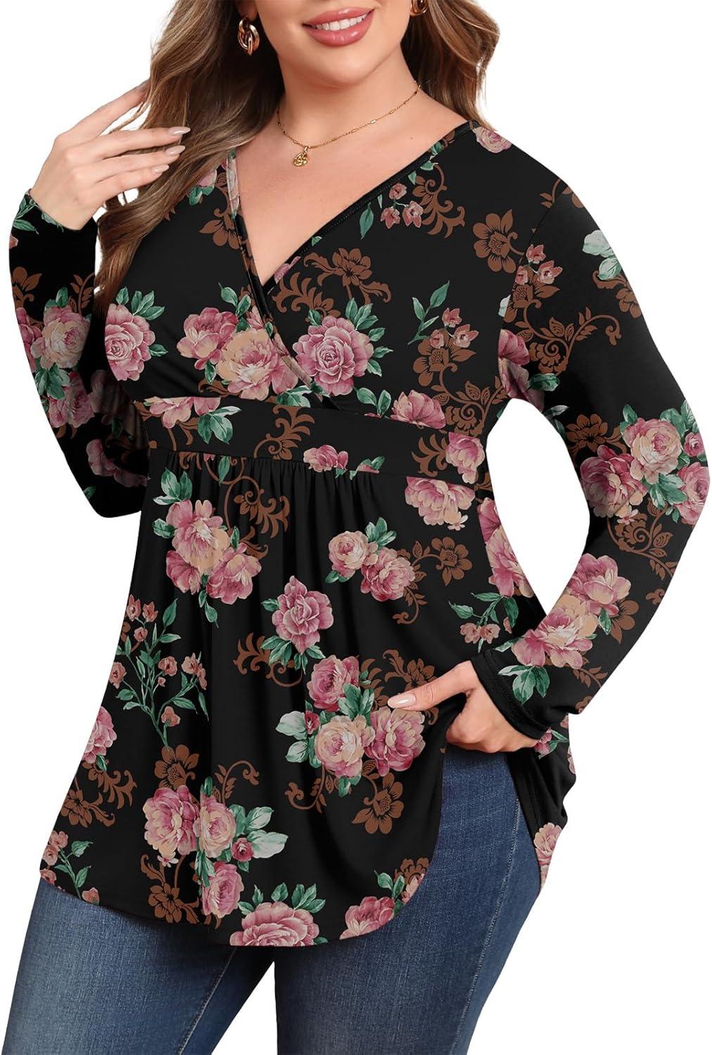 imagePOSESHE Womens Plus Size Long Sleeves Tops 2025 Fall Winter Tunic Tops Casual VNeck Wrap Shirts Dressy Work Blouses L4XLRose Black