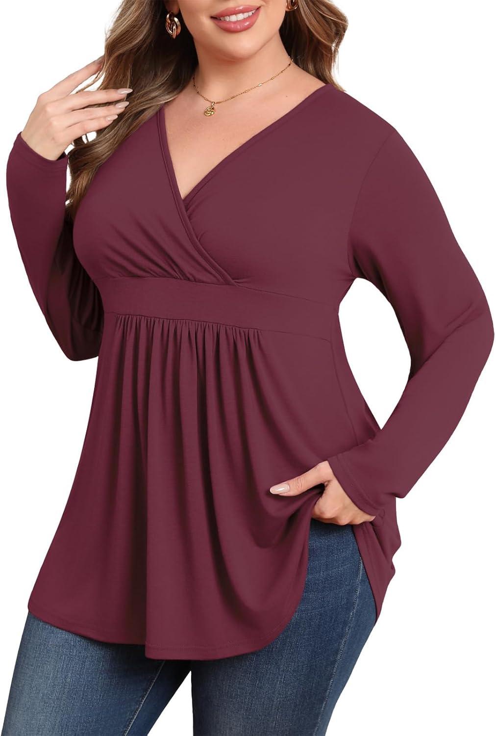 imagePOSESHE Womens Plus Size Long Sleeves Tops 2025 Fall Winter Tunic Tops Casual VNeck Wrap Shirts Dressy Work Blouses L4XLWine Red