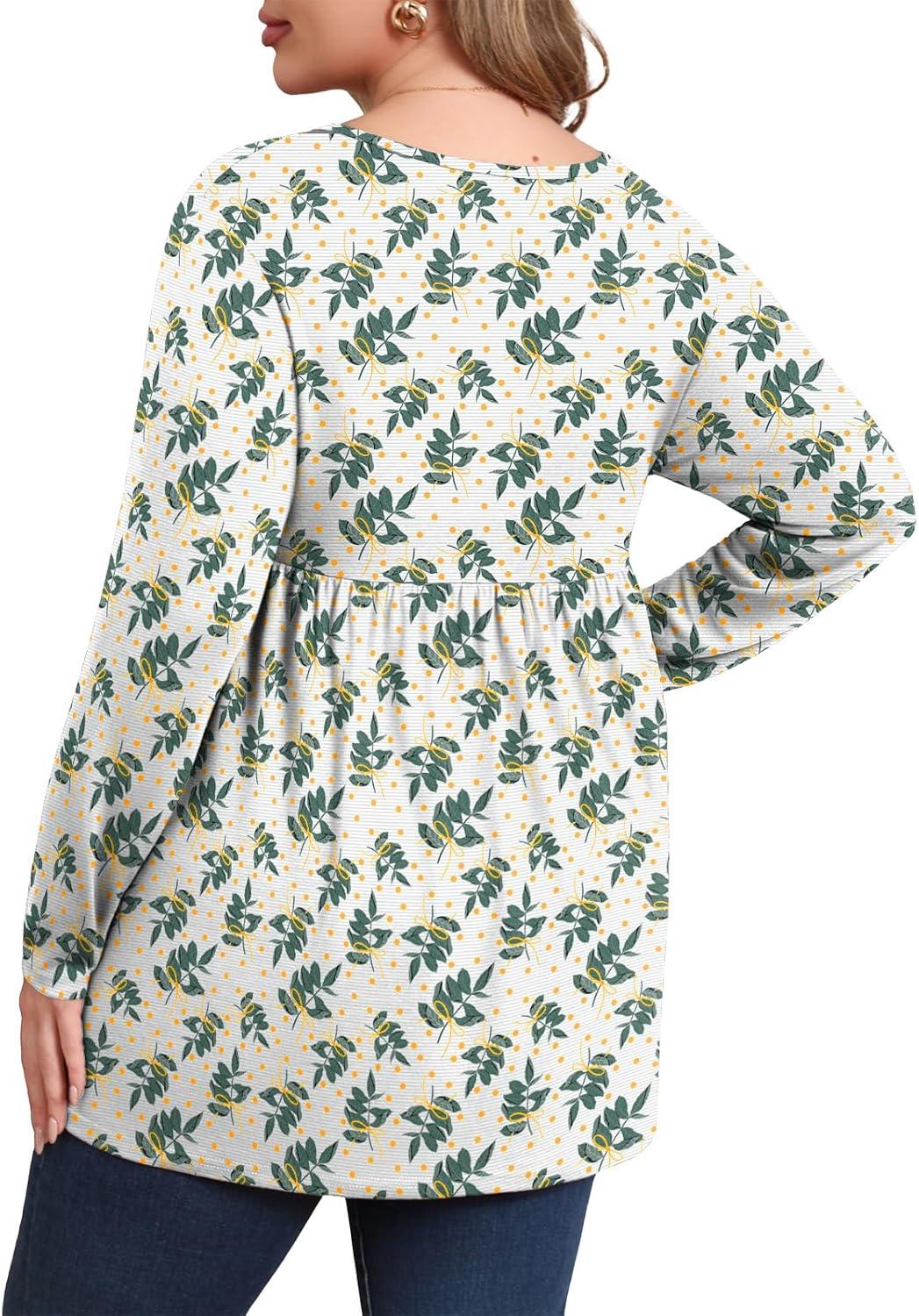 imagePOSESHE Womens Plus Size Long Sleeves Tops 2025 Fall Winter Tunic Tops Casual VNeck Wrap Shirts Dressy Work Blouses L4XLYellow Green Leaf