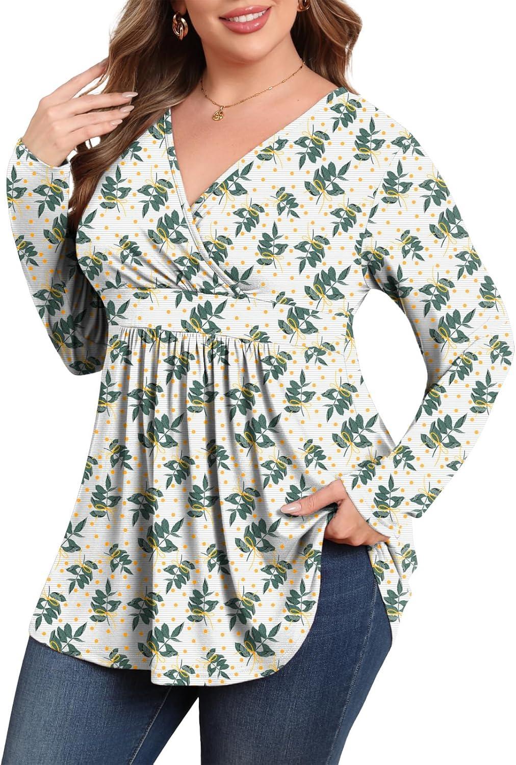 imagePOSESHE Womens Plus Size Long Sleeves Tops 2025 Fall Winter Tunic Tops Casual VNeck Wrap Shirts Dressy Work Blouses L4XLYellow Green Leaf