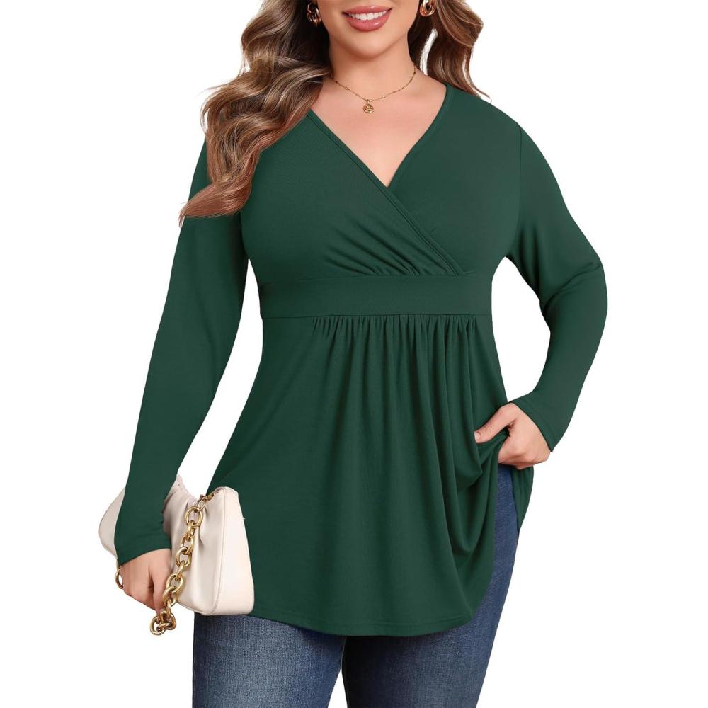 imagePOSESHE Womens Plus Size Long Sleeves Tops 2025 Fall Winter Tunic Tops Casual VNeck Wrap Shirts Dressy Work Blouses L4XLGreen