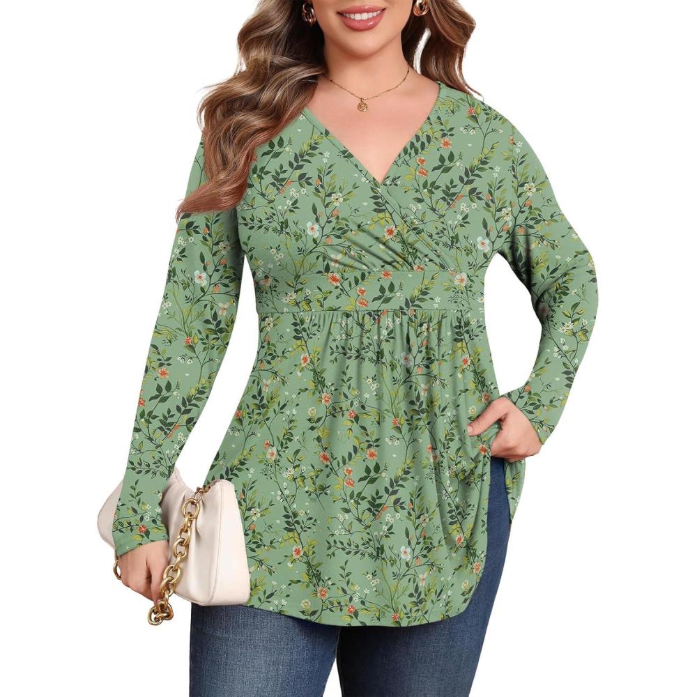 imagePOSESHE Womens Plus Size Long Sleeves Tops 2025 Fall Winter Tunic Tops Casual VNeck Wrap Shirts Dressy Work Blouses L4XLGreen White Floral