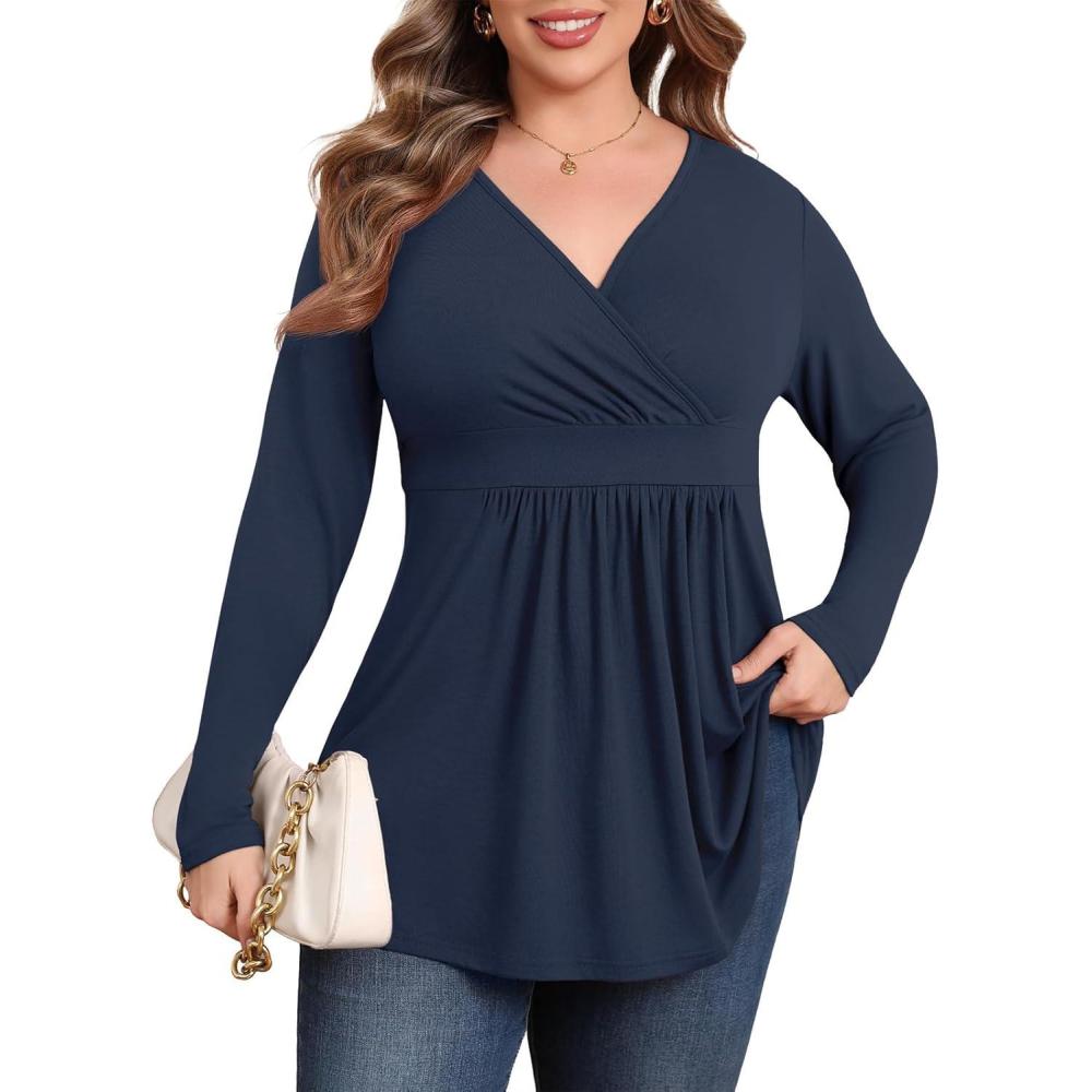 imagePOSESHE Womens Plus Size Long Sleeves Tops 2025 Fall Winter Tunic Tops Casual VNeck Wrap Shirts Dressy Work Blouses L4XLNavy Blue
