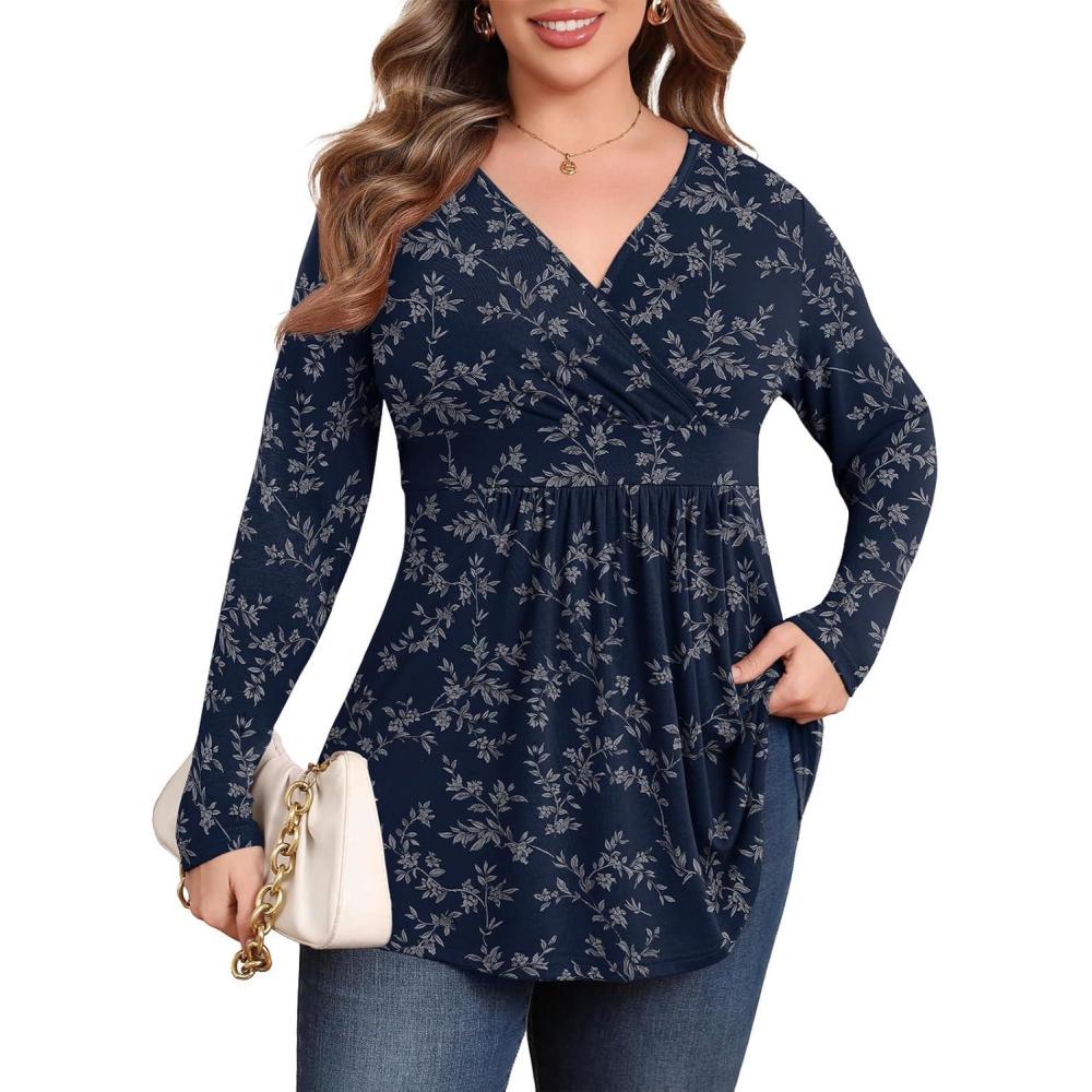 imagePOSESHE Womens Plus Size Long Sleeves Tops 2025 Fall Winter Tunic Tops Casual VNeck Wrap Shirts Dressy Work Blouses L4XLNavy Floral