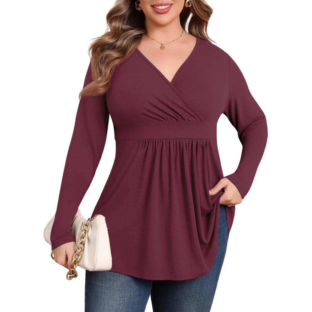 imagePOSESHE Womens Plus Size Long Sleeves Tops 2025 Fall Winter Tunic Tops Casual VNeck Wrap Shirts Dressy Work Blouses L4XLWine Red