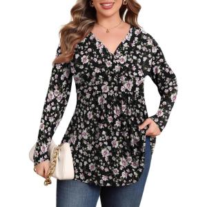imagePOSESHE Womens Plus Size Long Sleeves Tops 2025 Fall Winter Tunic Tops Casual VNeck Wrap Shirts Dressy Work Blouses L4XLBlack Pink Floral