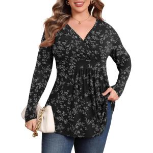 imagePOSESHE Womens Plus Size Long Sleeves Tops 2025 Fall Winter Tunic Tops Casual VNeck Wrap Shirts Dressy Work Blouses L4XLBlack White Floral