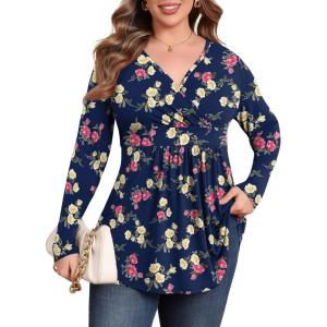 imagePOSESHE Womens Plus Size Long Sleeves Tops 2025 Fall Winter Tunic Tops Casual VNeck Wrap Shirts Dressy Work Blouses L4XLBlue Camellia
