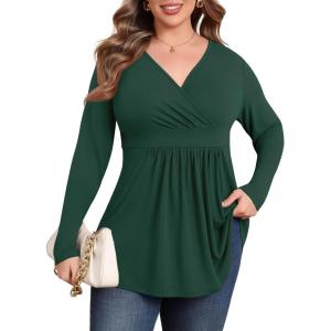 imagePOSESHE Womens Plus Size Long Sleeves Tops 2025 Fall Winter Tunic Tops Casual VNeck Wrap Shirts Dressy Work Blouses L4XLGreen