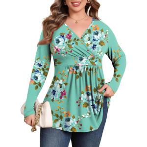 imagePOSESHE Womens Plus Size Long Sleeves Tops 2025 Fall Winter Tunic Tops Casual VNeck Wrap Shirts Dressy Work Blouses L4XLGreen Floral