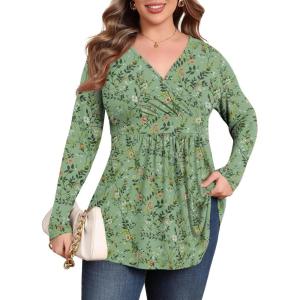 imagePOSESHE Womens Plus Size Long Sleeves Tops 2025 Fall Winter Tunic Tops Casual VNeck Wrap Shirts Dressy Work Blouses L4XLGreen White Floral