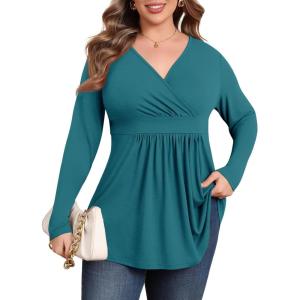 imagePOSESHE Womens Plus Size Long Sleeves Tops 2025 Fall Winter Tunic Tops Casual VNeck Wrap Shirts Dressy Work Blouses L4XLGrey Blue