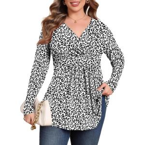 imagePOSESHE Womens Plus Size Long Sleeves Tops 2025 Fall Winter Tunic Tops Casual VNeck Wrap Shirts Dressy Work Blouses L4XLLeopard White